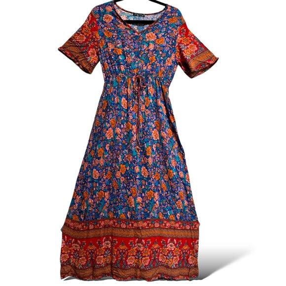 Blue Maxi Dress  Medium Colorful Floral Pretty Garden Boho Easter - Picture 4 of 9